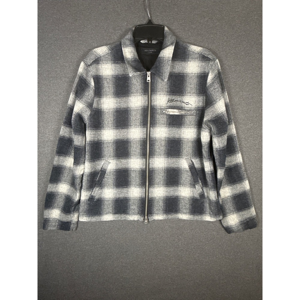 AllSaints Ellis Jacket Mens L Grey Black Plaid Full Zip Organic Cotton flannel